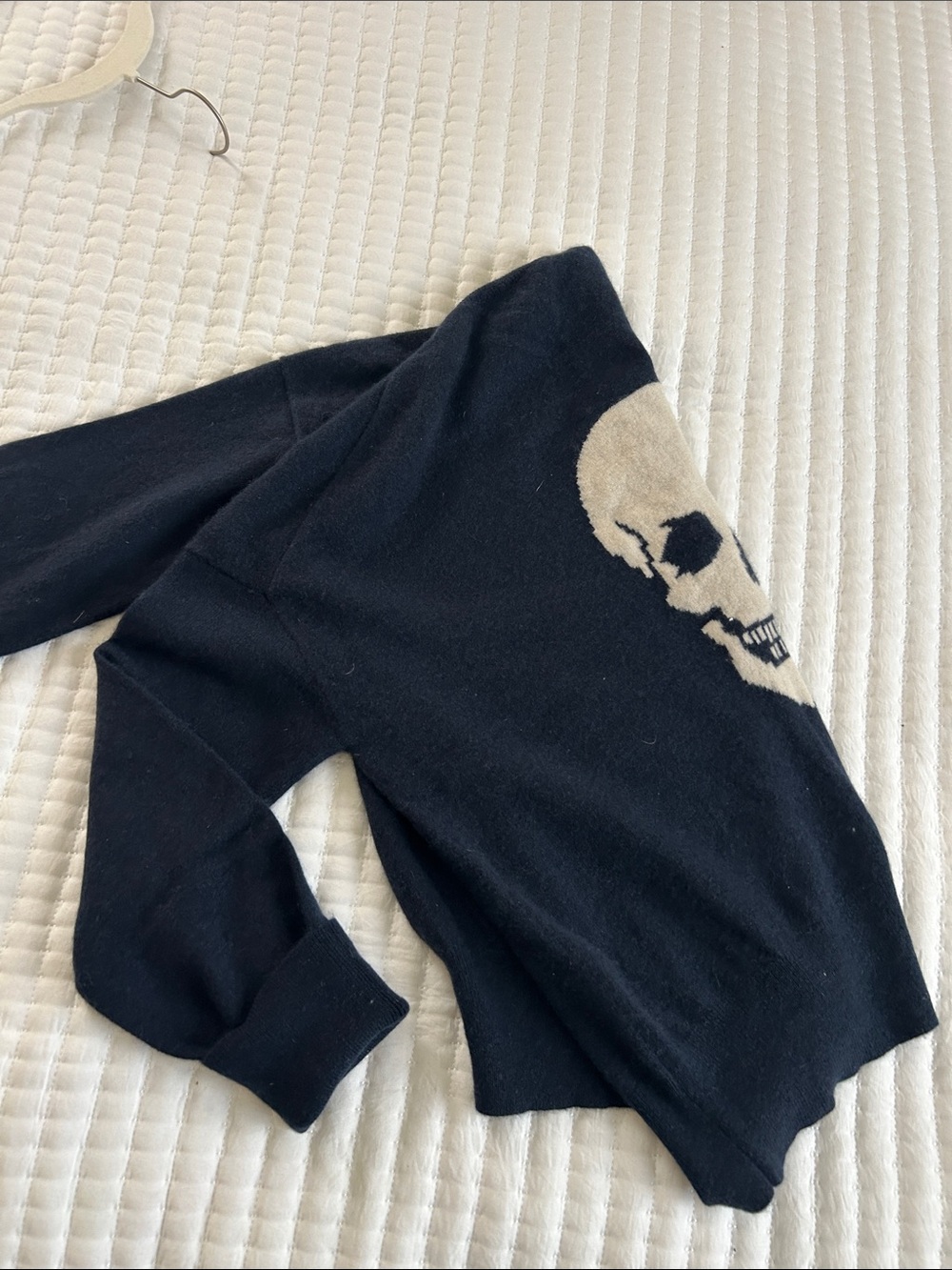 Skull Cashmere Navy Crewneck Sweater with Cream Skull Accent on back